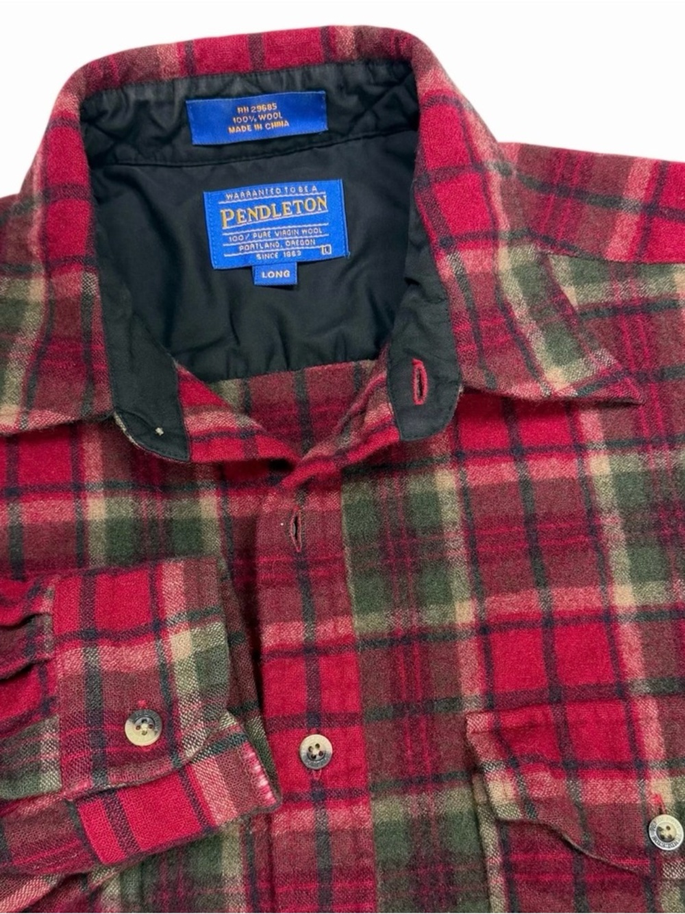 Vintage Pendleton Board Shirt Men Large Long Red Green Plaid Wool Collar Flannel - Picture 1 of 9